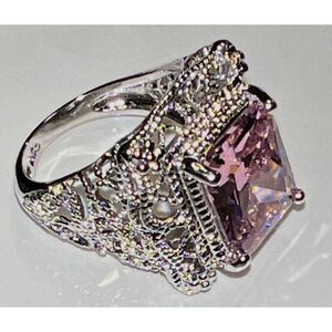 Sterling Statement Ring – Huge Pink Glass Center – Ornate Sparkle - Size 6